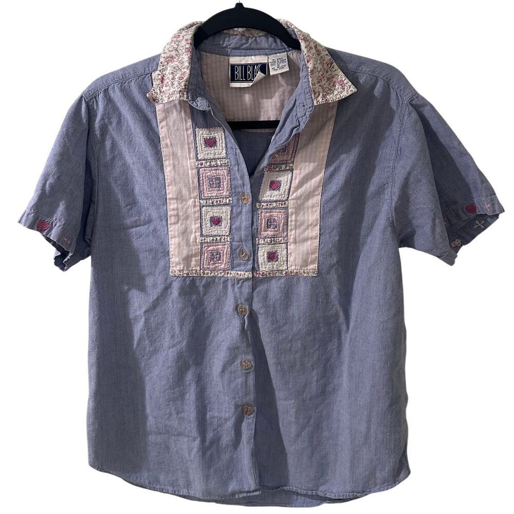 VTG Bill Blass Patchwork Denim Chambray Floral Embroidered Hearts Shirt. size M